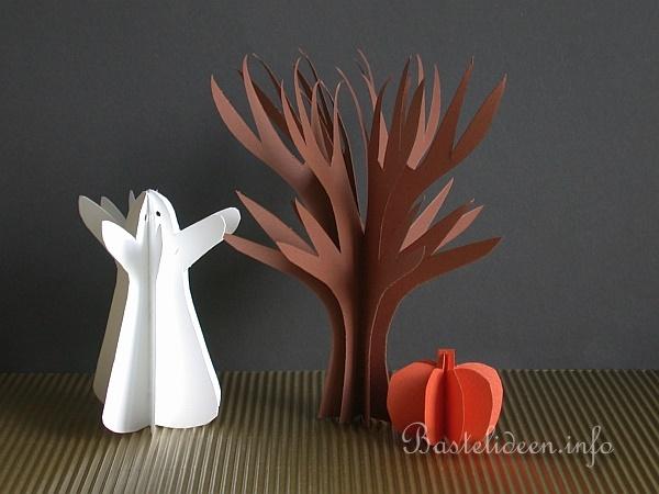 Halloweenbasteln - 3-D Papier Gespenst, Baum und Krbis