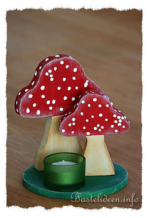 Holzbasteln - Tischdekoration mit Pilzen und Teelicht
