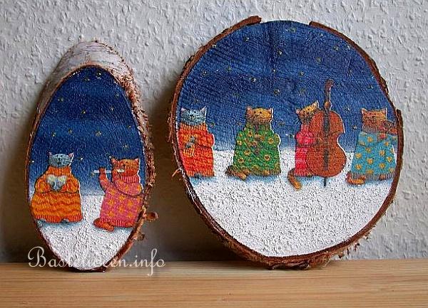 Basteln mit Kindern - Weihnachtsbasteln - Baumscheiben mit Katzen