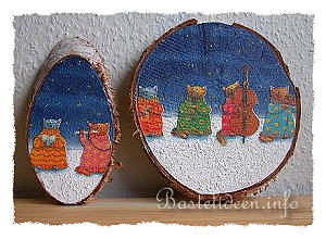 Basteln mit Kindern - Weihnachtsbasteln - Baumscheiben mit Katzen